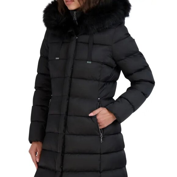 Tahari Nellie Faux Fur Trim Hooded Puffer Jacket with Bib in Black - Picture 2 of 4